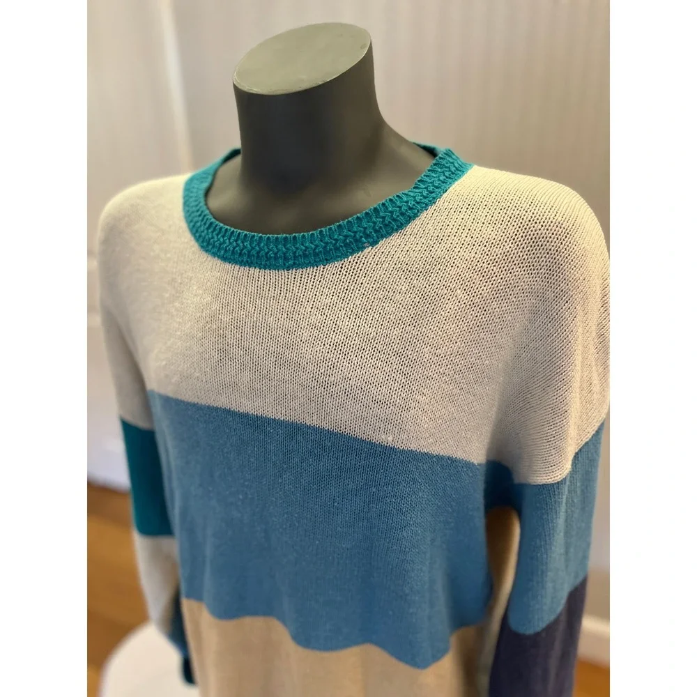 Vintage Color Block Ramie Cotton Grandpa Sweater Oversized XL Coastal 90s Knit